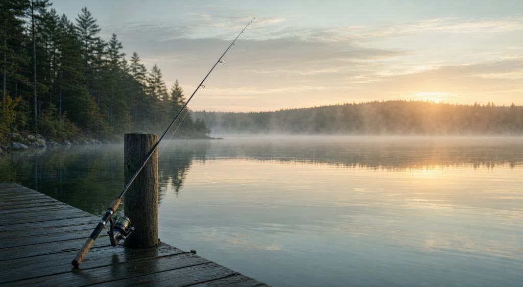 Fishing rod on dock at sunrise over misty South Carolina lake
