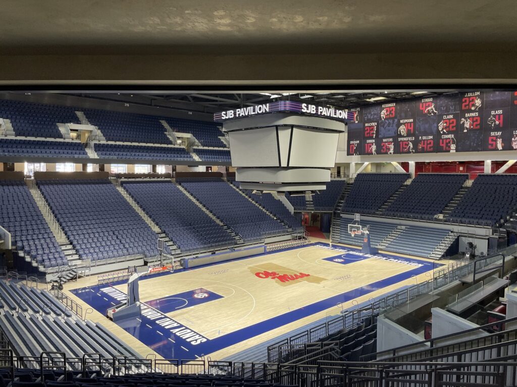 Indoor basketball court with hardwood floor