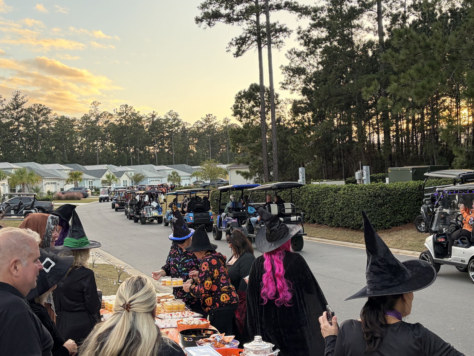 Long line of golf carts under pine trees with costumed residents along the curb